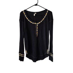 Free People US Sz XS We The Free Rainbow Thermal Henley Top Black Thermal Henley